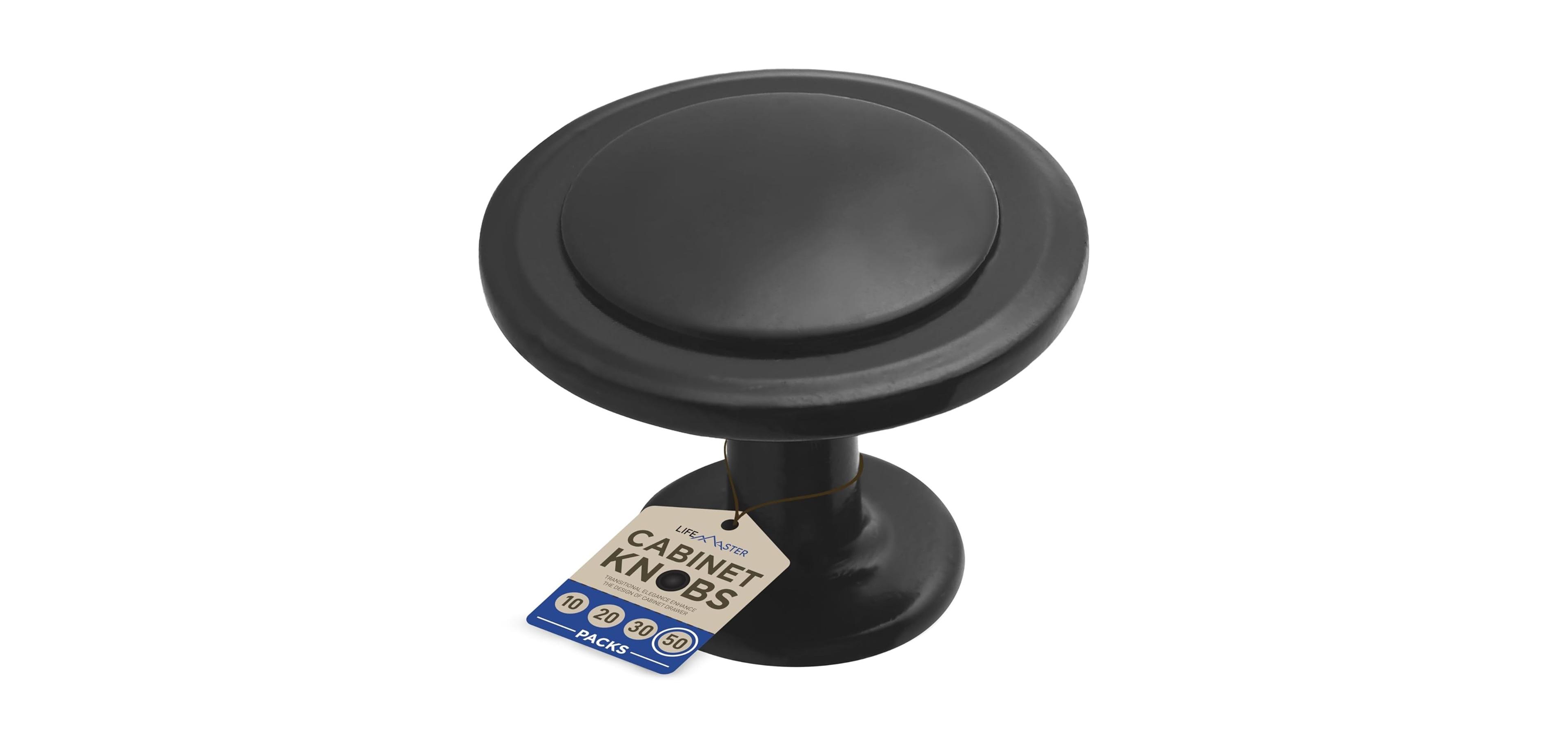 Lifemaster 50pcs 1-1/4″ Matte Black Cabinet Knobs, Rust-Proof Zinc Alloy Drawer Pulls with Short & Adjustable Screws for Kitchen Cabinets.