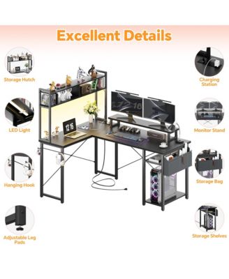 49'' Small L Shaped Desk with Hutch, Reversible Computer Gaming Desk with Outlet and LED Strip