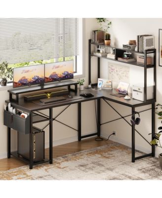 49'' Small L Shaped Desk with Hutch, Reversible Computer Gaming Desk with Outlet and LED Strip