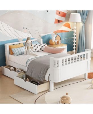 Twin Size Wood Platform Bed for Kids with Low Profile, Safety Rails & 2 Wheeled Storage Drawers