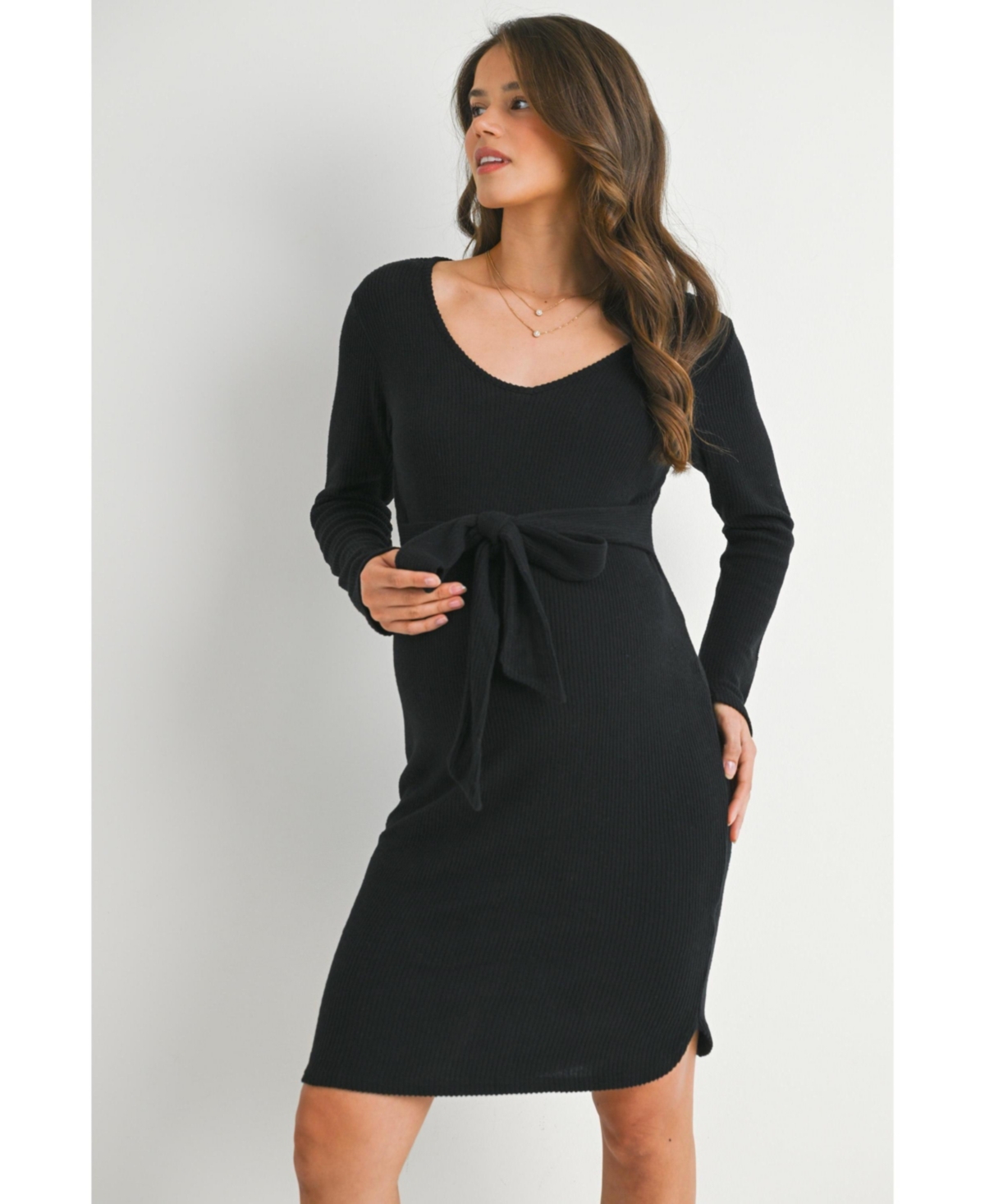 Hello Miz Maternity Ribbed Knit Tie-Front V Neck Dress