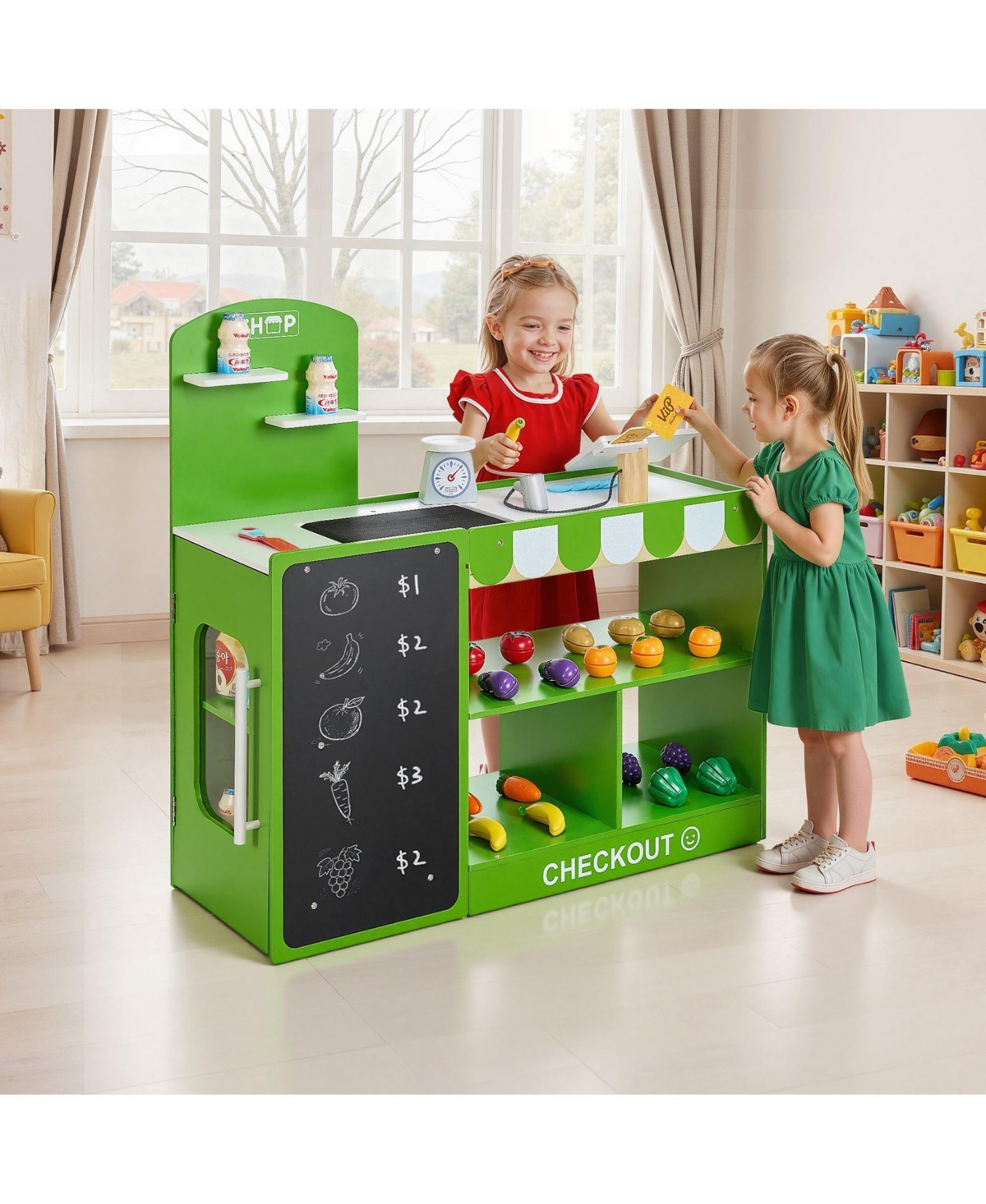 Hongge Wooden Grocery Store Playset for Kids with Accessories and Pretend Shopping Features
