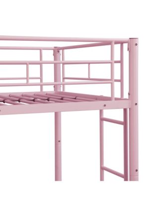 Metal Bunk Bed Pink Twin Over Twin, No Box Spring Needed, Easy Assemble with Safe Stairs