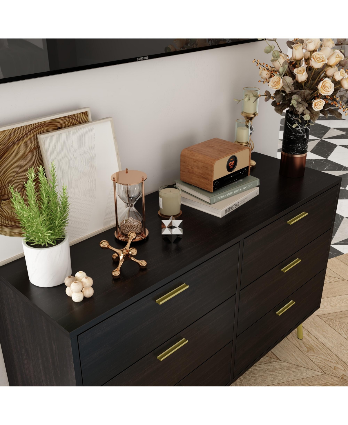 Homsee Black Wood Dresser Chest of Drawer With 6 Drawers