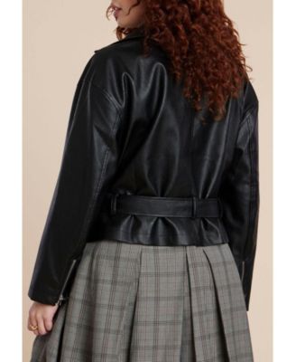 Women's Plus Size Belted Faux Leather Moto Jacket
