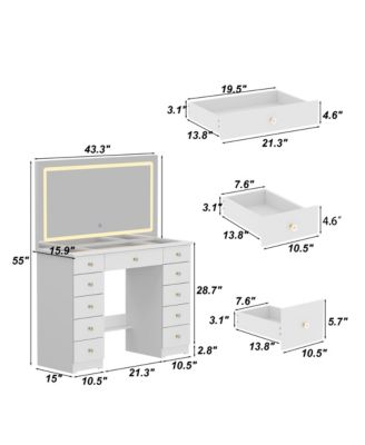11-Drawer Vanity with 3 Color LED Mirror, Tempered Glass Countertop,Crystal Handle, Makeup Table,Chest