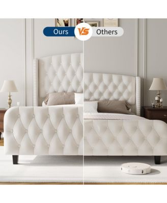 Bed Frame with Deep Button Tufted Wingback Headboard and Footboard, Velvet Upholstered Platform Frame, No Box Spring, Easy Assembly