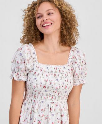 Juniors' Textured Floral Printed Puff-Sleeve Midi Dress
