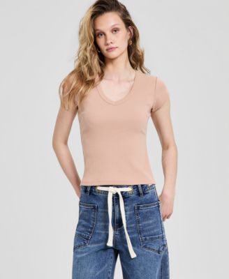 Women's V-Neck Rib-Knit Short-Sleeve T-Shirt