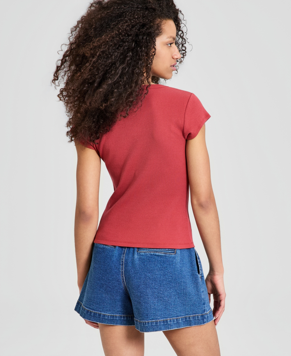 And Now This Women's V-Neck Rib-Knit Short-Sleeve T-Shirt, Macy's Exclusive
