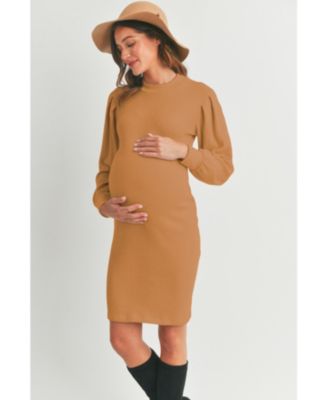 Maternity Ribbed Mock Neck Puff Long Sleeve Dress