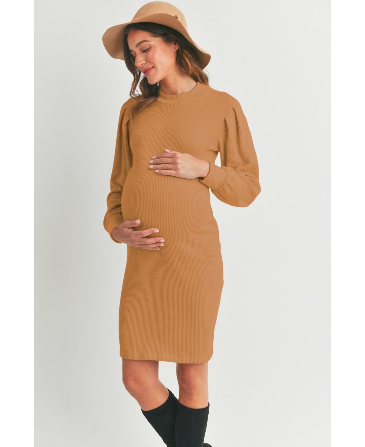 Hello Miz Maternity Ribbed Mock Neck Puff Long Sleeve Dress