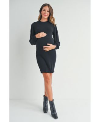 Maternity Ribbed Mock Neck Puff Long Sleeve Dress