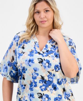 Plus Size Split-Neck Ruffle-Cuff Top