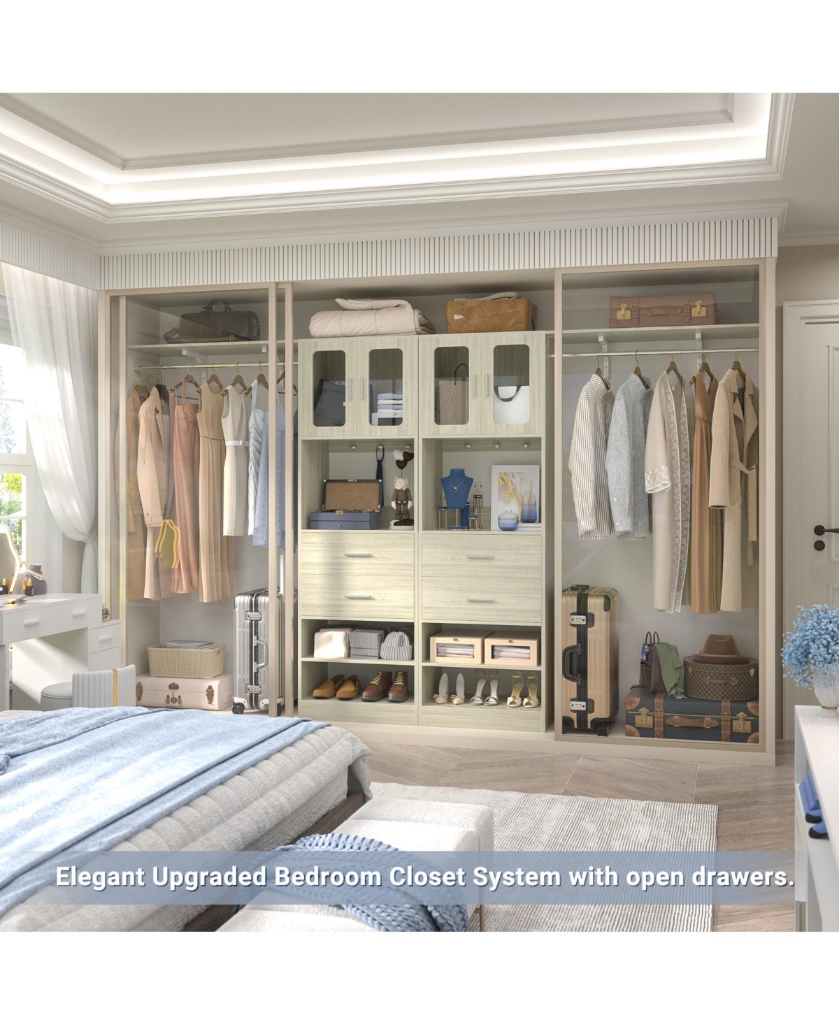 Aheaplus 5FT Closet Organizer with Drawers, Hanging Rod, Reversible Shelves, and Cabinet