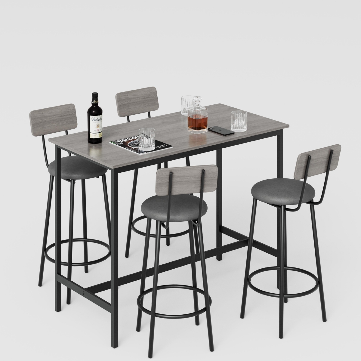 Clihome Bar Table Set with 4 Bar stools Pu Soft seat with backrest, Grey, 47.24'' L x 23.62'' W x 35.43'' H