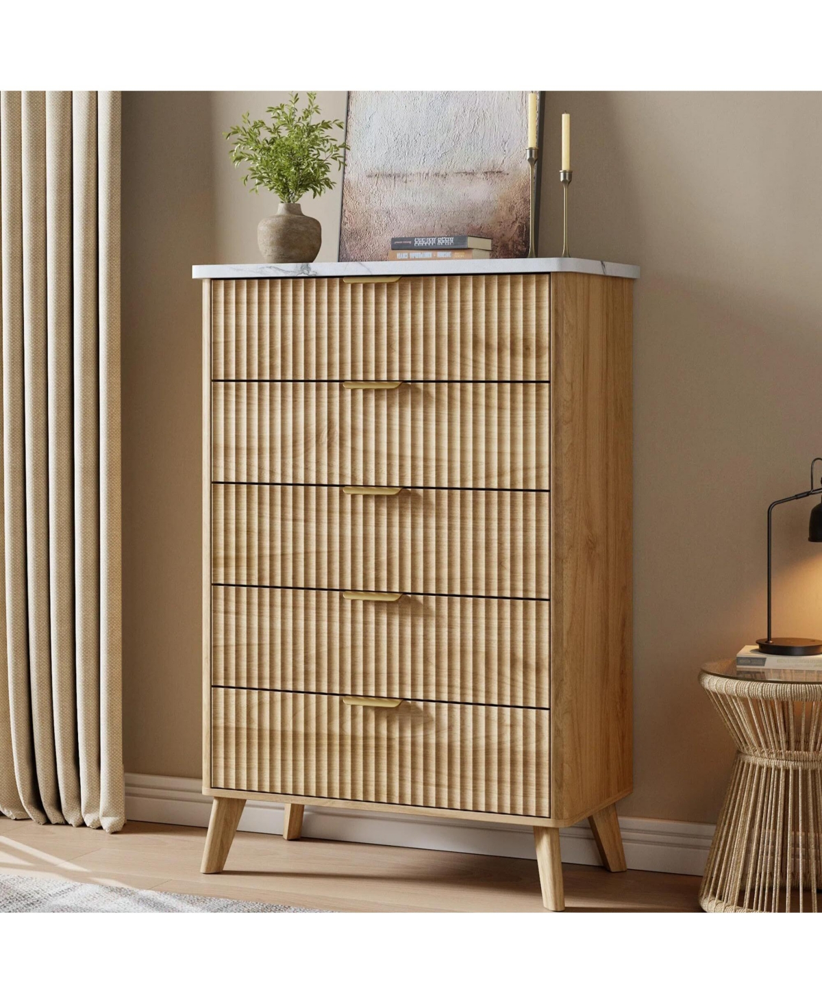 Fluted Dresser for Bedroom with 5 Deep Drawers