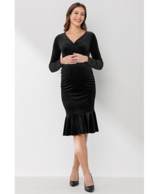 Maternity Velvet V Neck Long Sleeve Ruched Dress