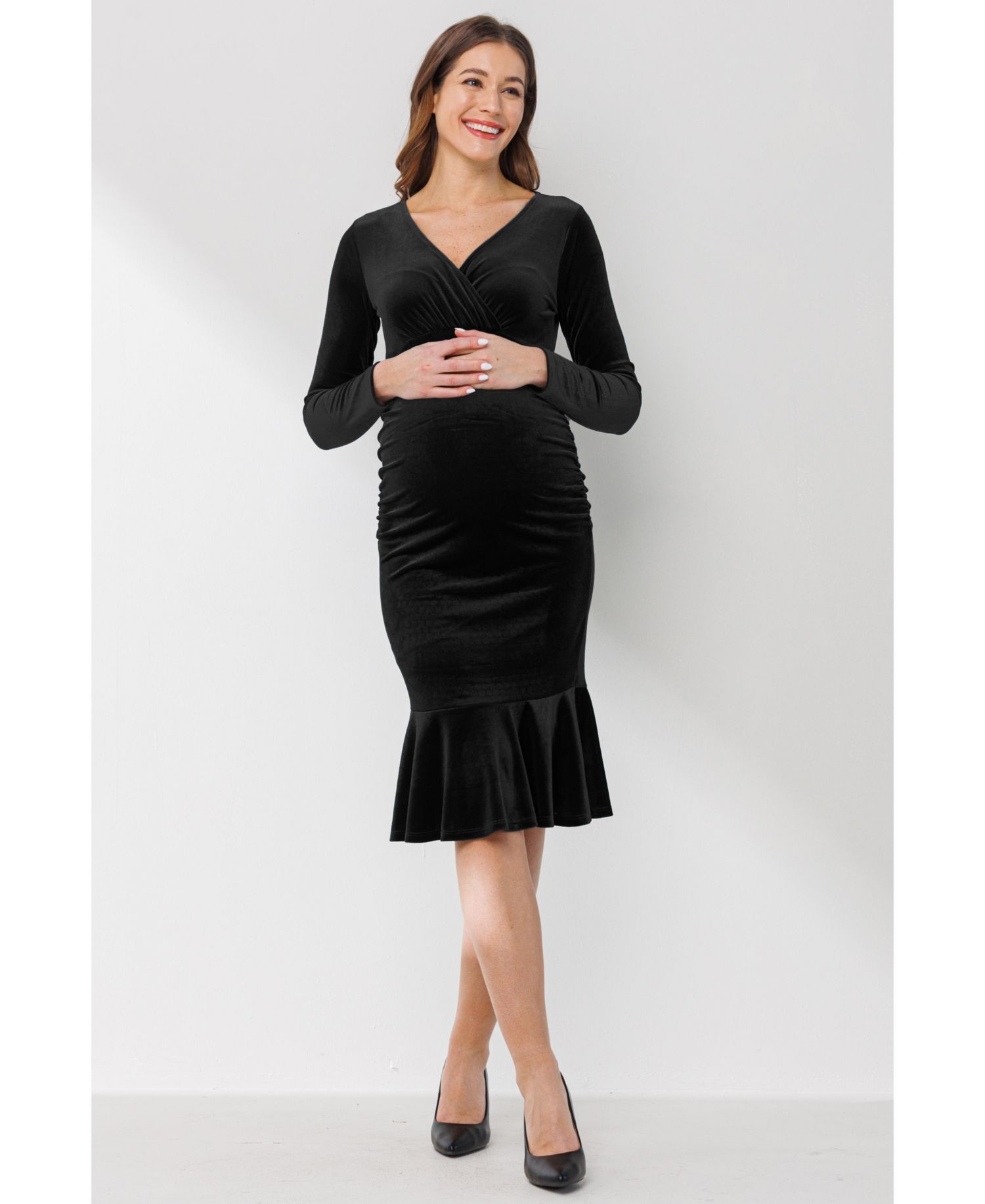 Women's Velvet V Neck Long Sleeve Ruched Dress
