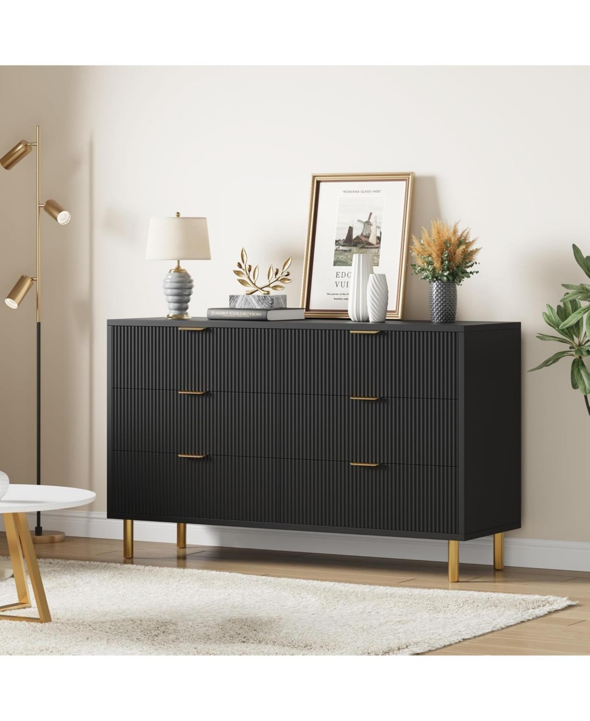 gaomon 6-Drawer Modern Black Dresser, Gold Handle, Wide Double Chest, Large Drawer Storage Organizer for Bedroom, Living Room, Entryway