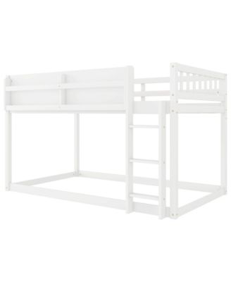 Wood Kids Juniors Low Twin Over Twin Bunk Bed Floor Bunk Bed with Ladder and Built-in Shelf