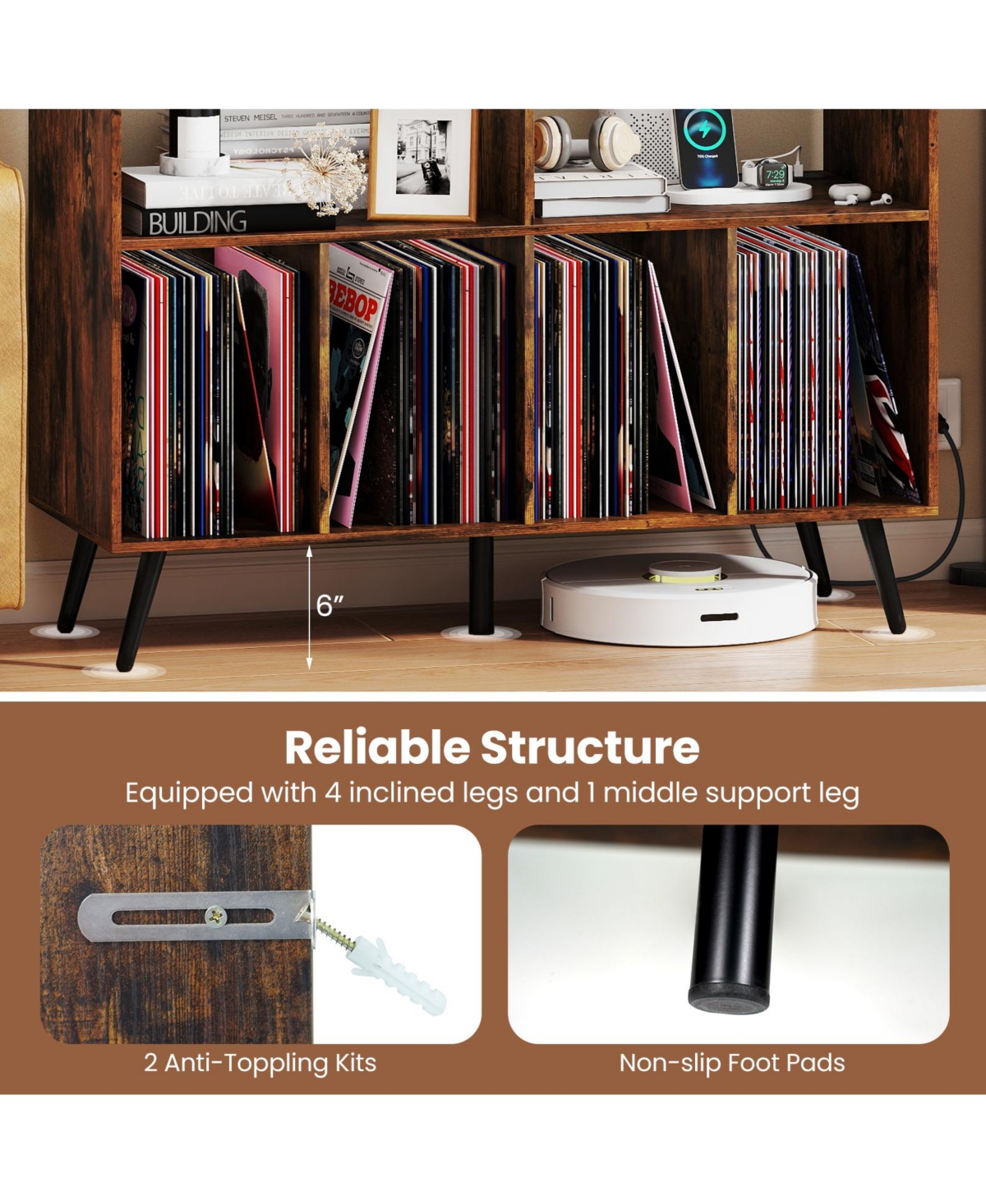 sumyeg Record Player Stand with Charging Station and Open Shelves