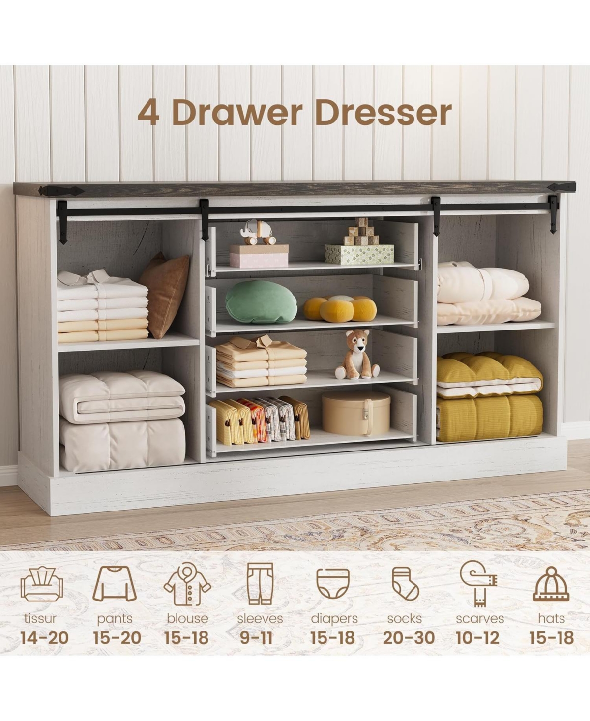 gaomon 4-Drawer Farmhouse Dresser with Sliding Barn Doors, Antique White Mdf Tv Stand, Storage Chest, Bedroom