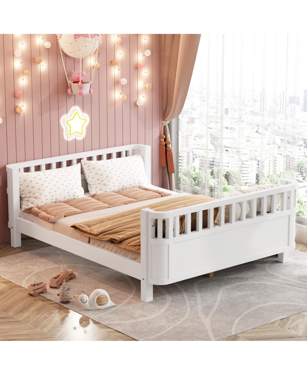 Boyel Living Full Size Wood Platform Bed for Kids with Low Profile and Safety Rails, White (Patented Design)
