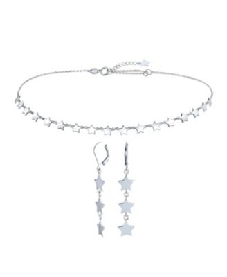 American USA Patriotic Celestial Rock Star Super Stars Thin Collarbone Necklace & Linear Dangle Earrings Jewelry Set Sterling Silver