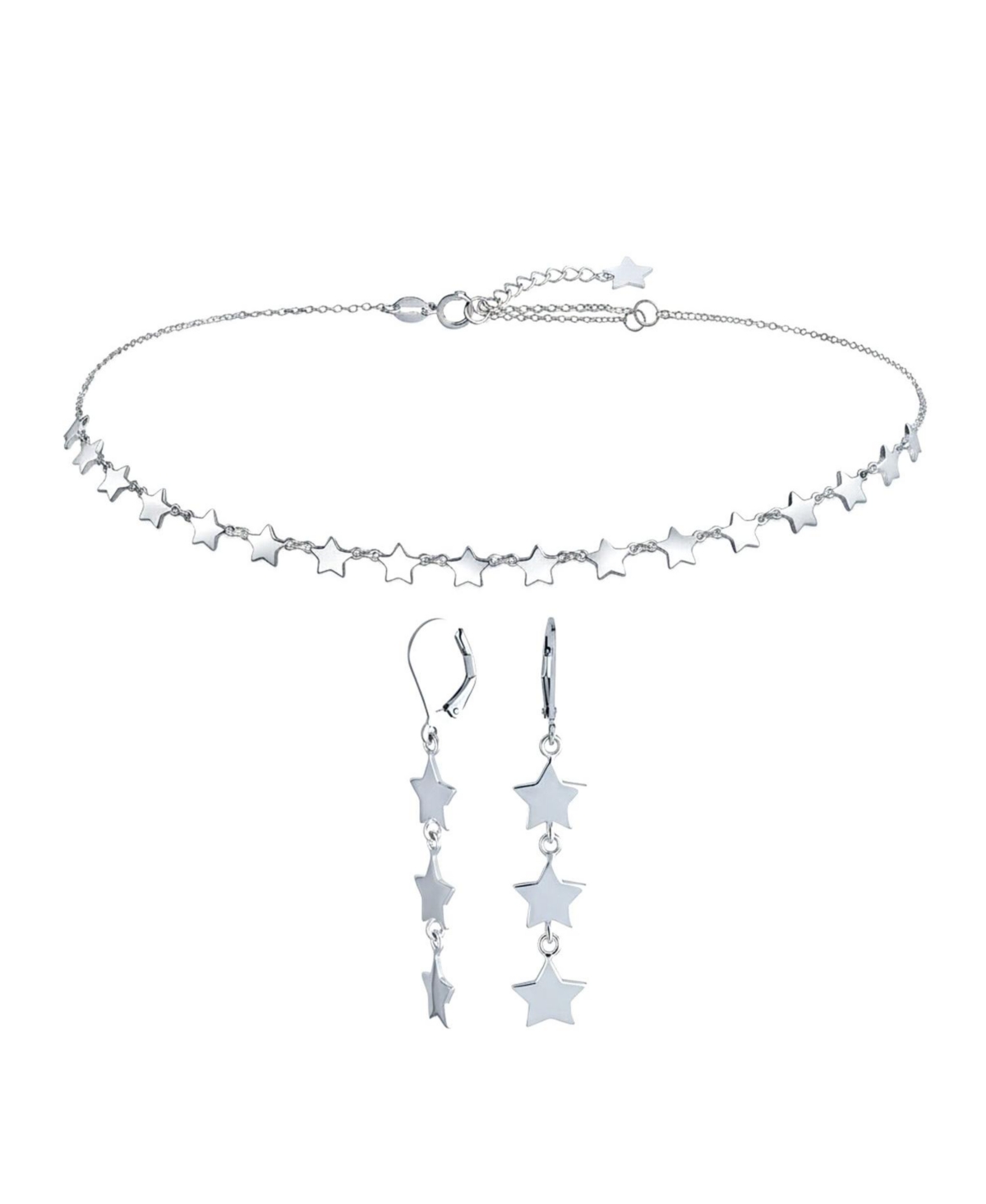 Bling Jewelry American Usa Patriotic Celestial Rock Star Super Stars Thin Collarbone Necklace & Linear Dangle Earrings Jewelry Set Sterling Silver