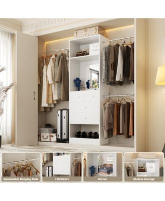 48 - 96 Inch Wide Adjustable Closet Organizer with 4 Drawers, 3 Hanging Rods, and a Mirror, Freestanding