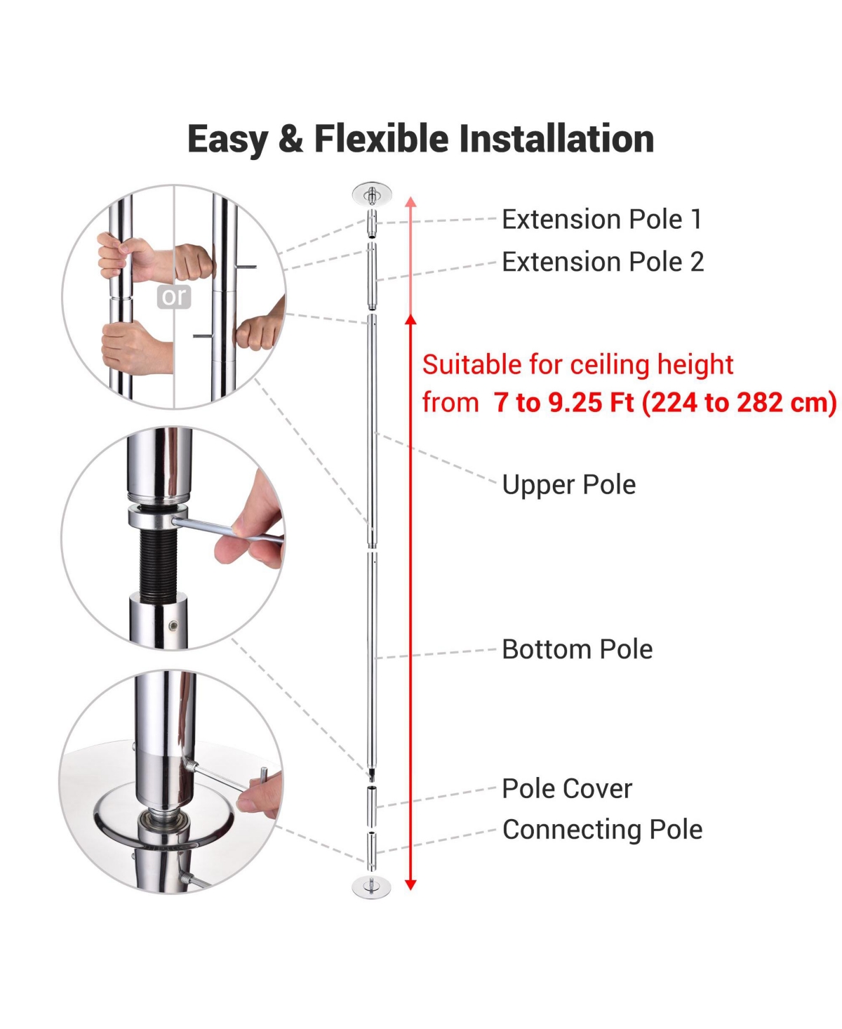 Yescom 3 Pack 9.25 Ft Spinning Static Dancing Pole Kit for Fitness Studio Club Silver