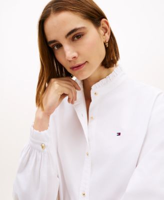 Women's Cropped Ruffled Oxford Collared Shirt