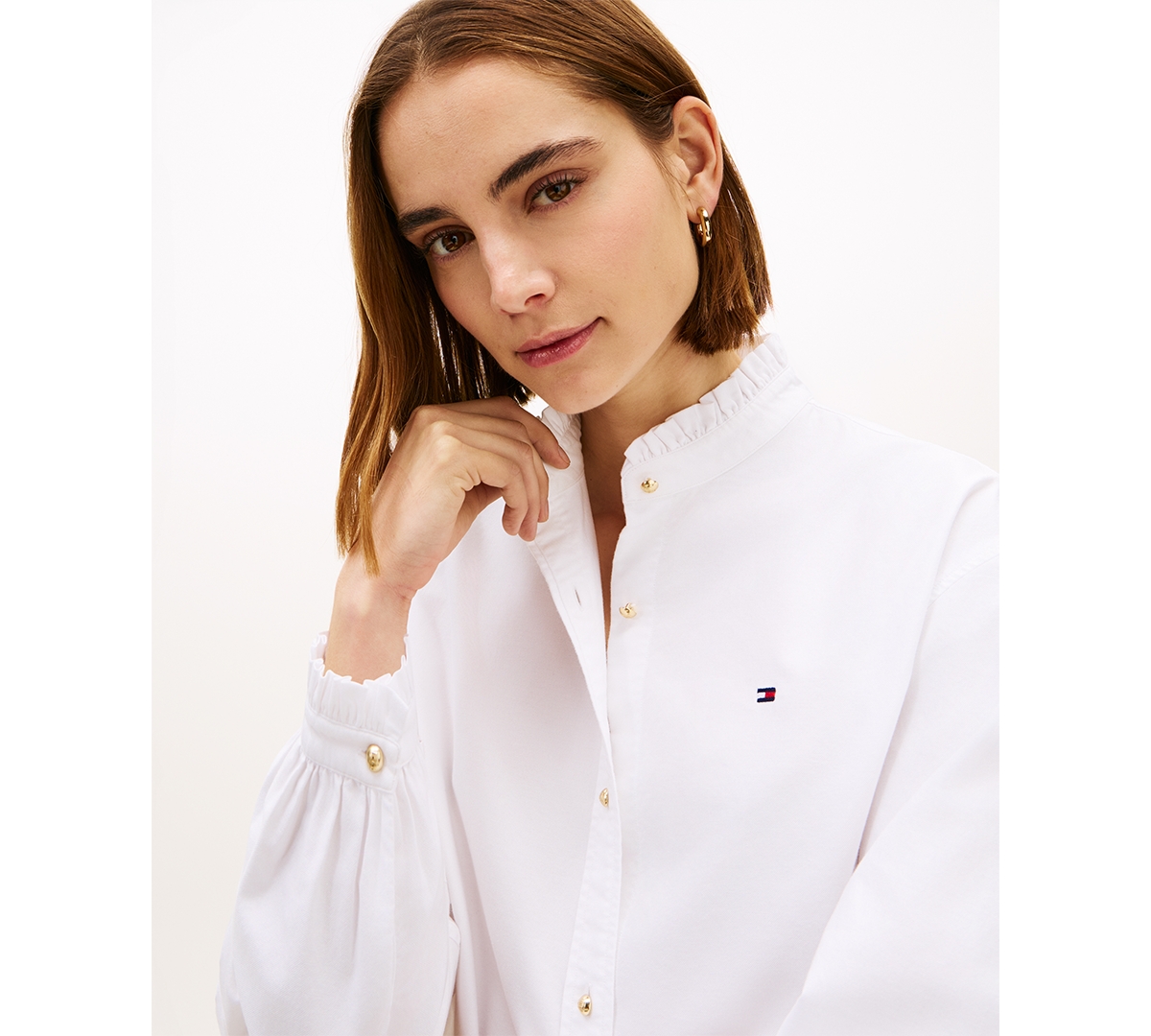 Tommy Hilfiger Women's Cropped Ruffled Oxford Collared Shirt