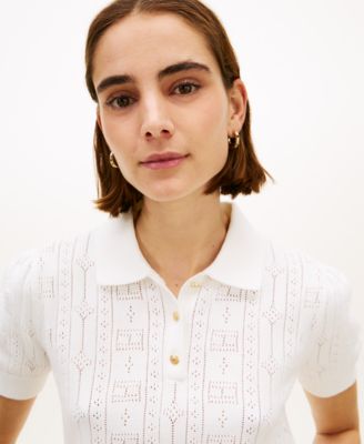 Women's Flag Pointelle Puff-Sleeve Polo Sweater