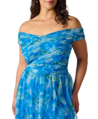Plus Size Printed Tulle Off-the-Shoulder Gown