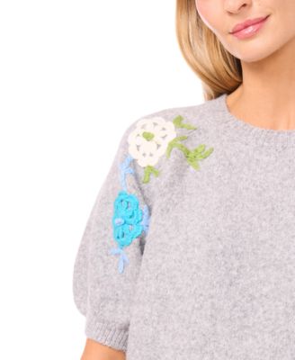 Women's Flower Embroidery Crewneck Cardigan Sweater