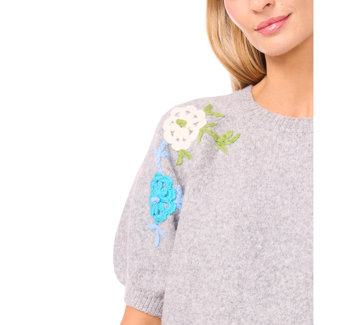 CeCe Women's Flower Embroidery Crewneck Cardigan Sweater