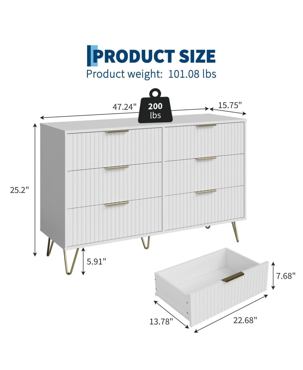 Gaomon 47" Wide Modern Fluted 6-Drawer Wooden Bedroom Dresser