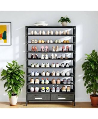 10-Layer High Shoe Rack with 2 Storage Drawers, Black