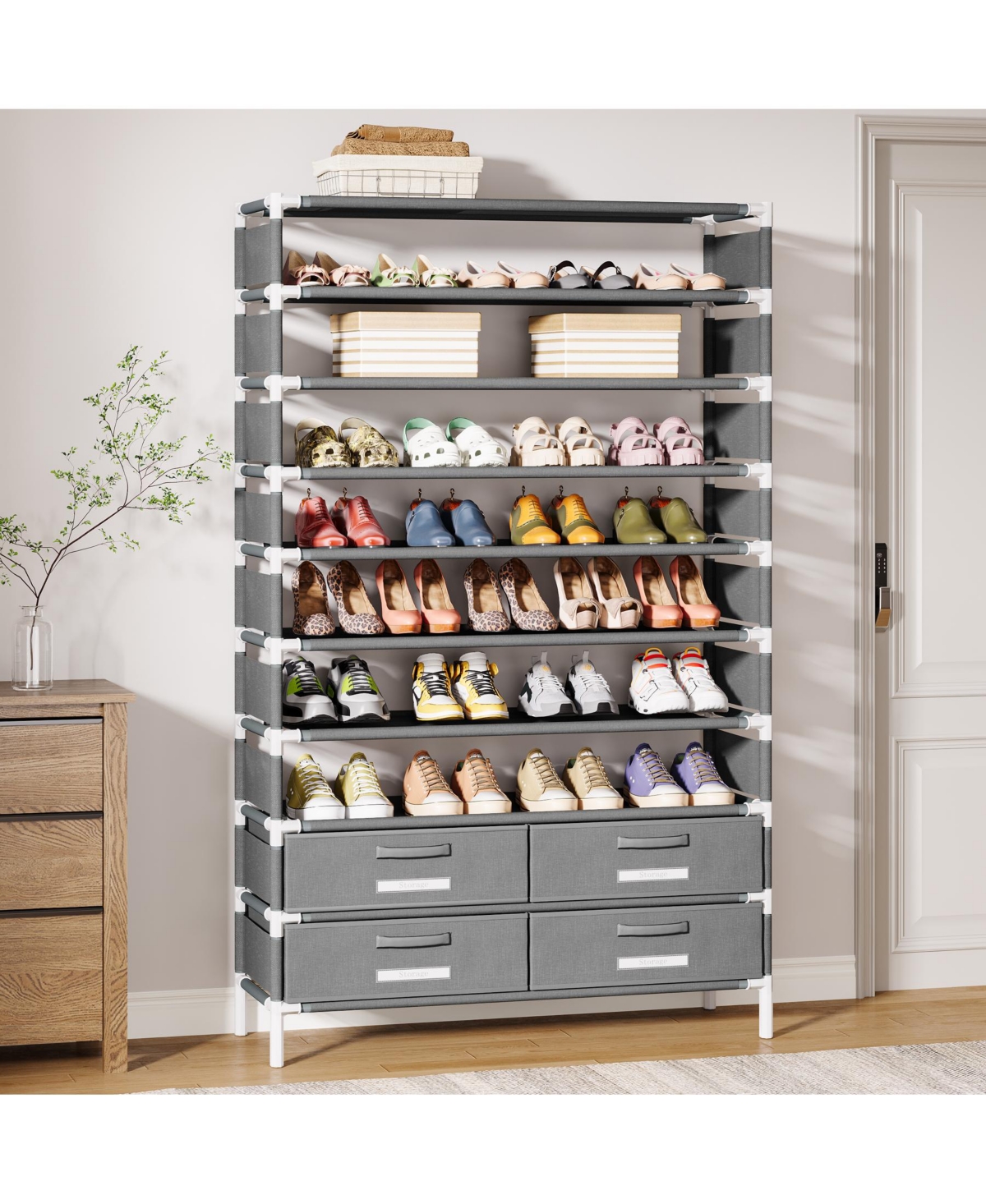 Tribesigns 10-Tier Shoe Rack, with 4 Bins Drawers, for 32 Pairs Shoes