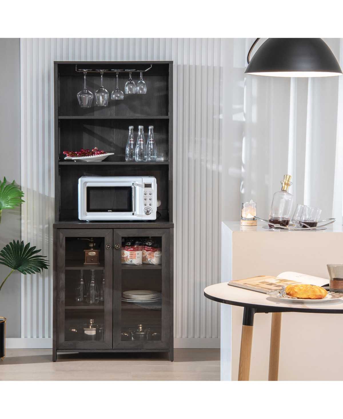 Costway Tall Freestanding Bar Cabinet Kitchen Buffet w/ Glass Holder & Adjustable Shelf