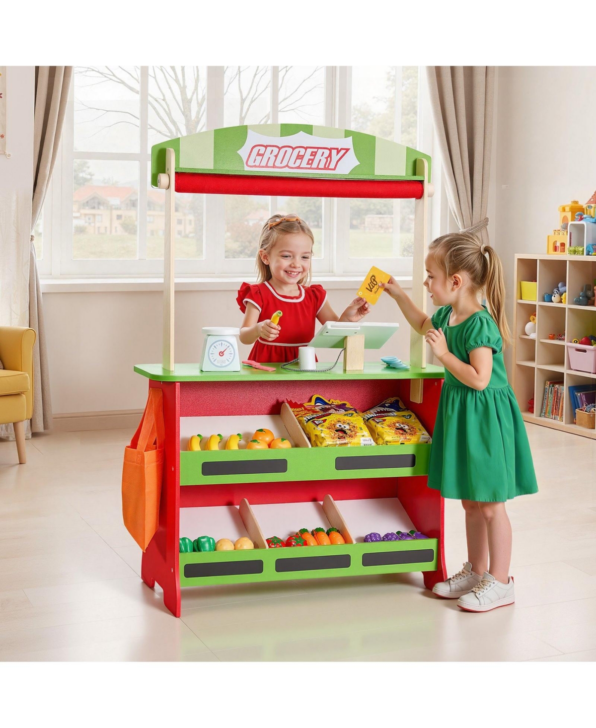 Hongge Wooden Puppet Theater and Reversible Play Store with Curtain