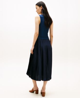 Women's Mix Media Pleated Sleeveless Midi Dress