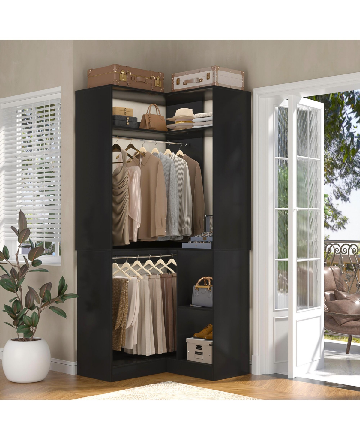 Freestanding Corner Closet Organizer, System with Hanging Rods and Storage Shelves