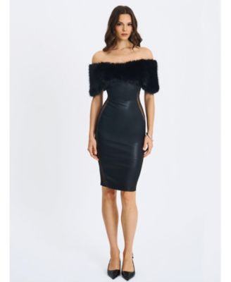 Women's Bellis Black Fur Trim Mesh Panel Off-Shoulder Midi Dress