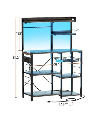Kitchen Storage Shelf with Hooks, Coffee Bar Station with Power Outlets & LED Light, Bakers Rack with Pull-Out Basket