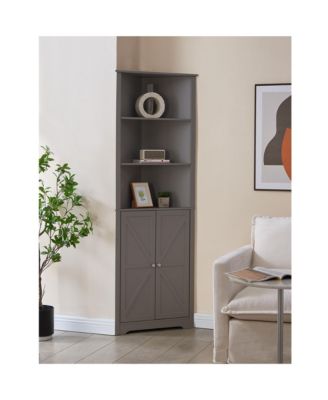 Tall Wooden Corner Cabinet with 2 Doors and 5 Shelves Storage Shelf Organizer (Red)