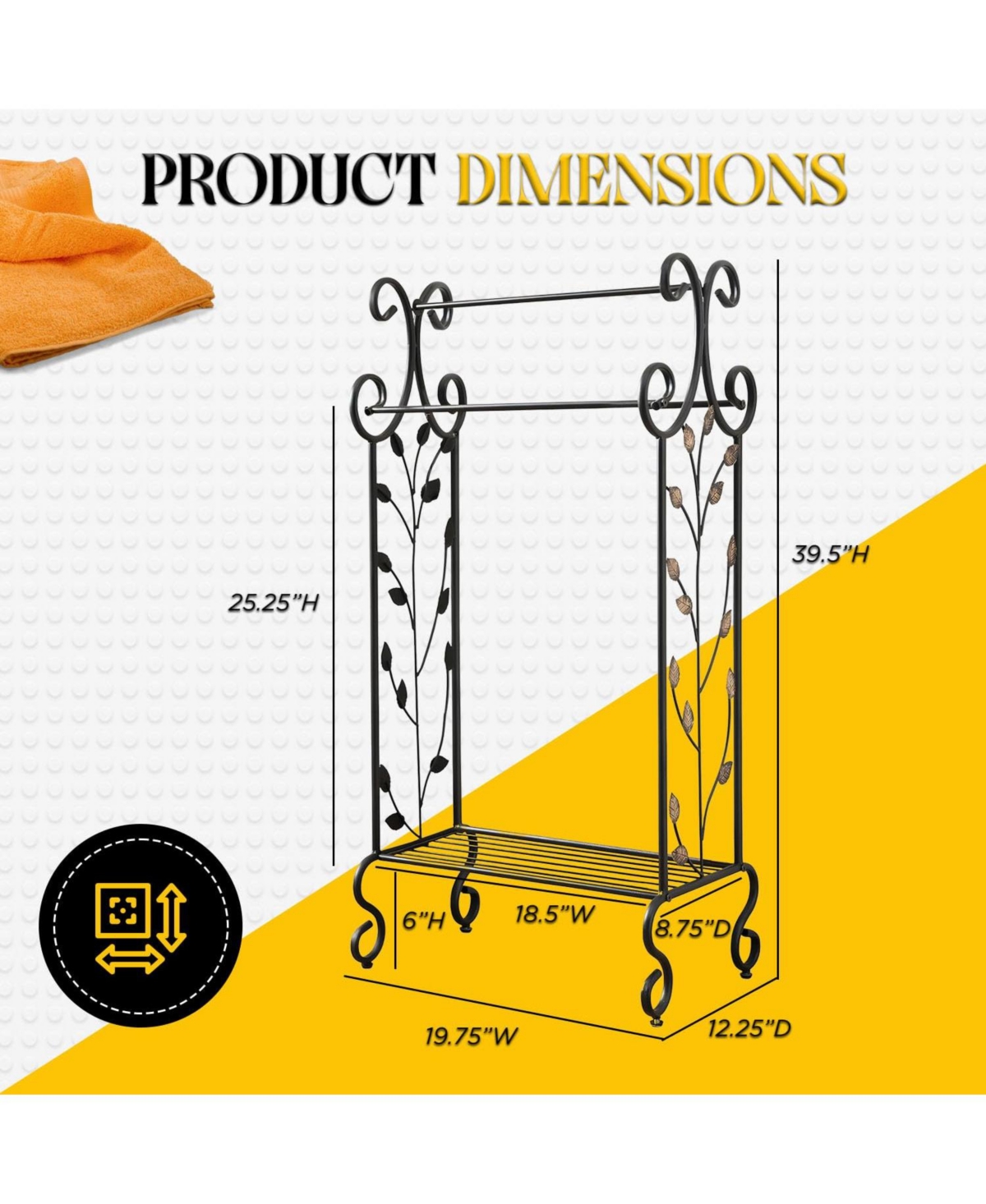 Kings Brand Furniture Black Metal with Gold Leaf Free Towel Rack Stand with Shelf