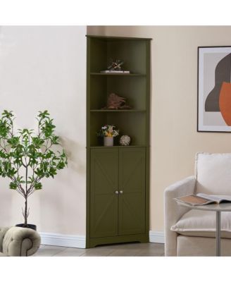 Tall Wooden Corner Cabinet with 2 Doors and 5 Shelves Storage Shelf Organizer (Red)